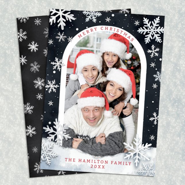 Cartão de Foto de Natal da Família Feliz com Borda (Black & White Christmas Card)