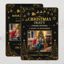 Cartão de Foto de Natal Elegante Preto e Dourado d