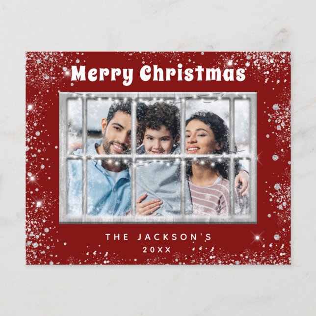 cartão de foto de Natal vermelho prateado (Frente)