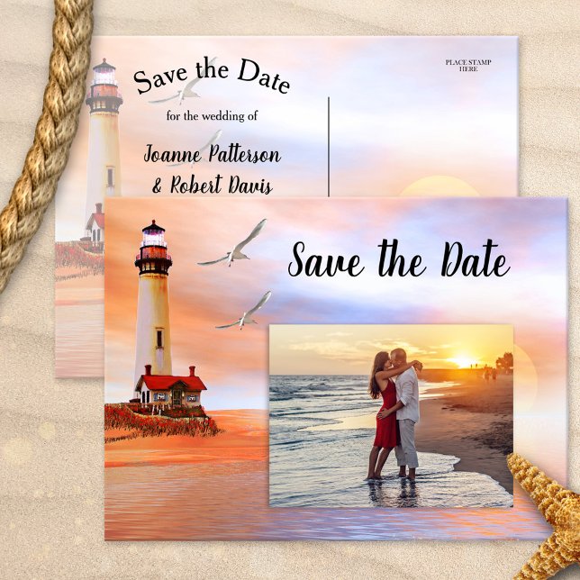 Cartão de Foto de Salvar a Data da Praia do Farol (Artistic Save the Date card showing your photo on a painting of a lighthouse at sunset with seagulls)