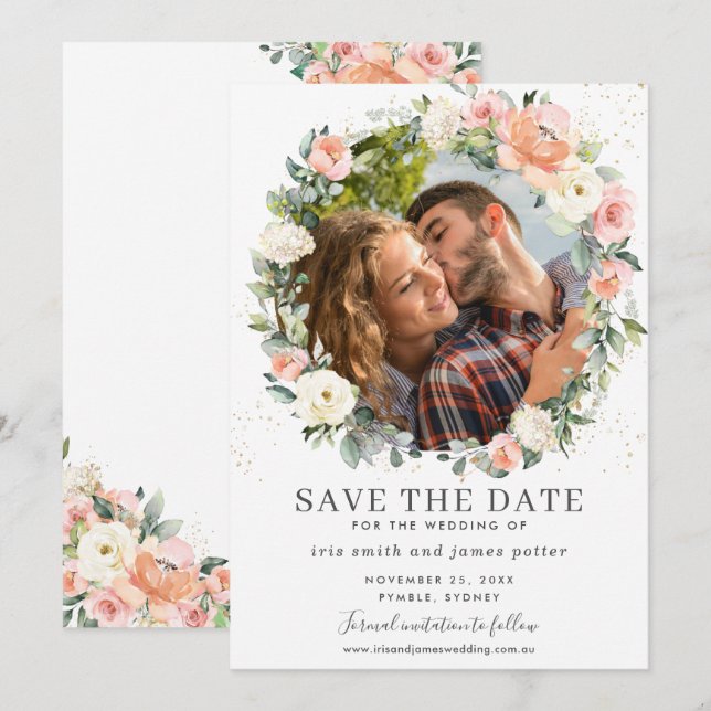 Cartão de Foto de Salvar a Data de Noivado com Flo (Frente/Verso)