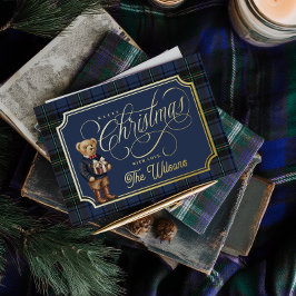 Cartão de Foto de Urso de Natal Xadrez Luxuoso e E