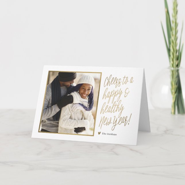 Cartão de Foto Dobrado Feliz e Saudável Ano Novo (Frente)