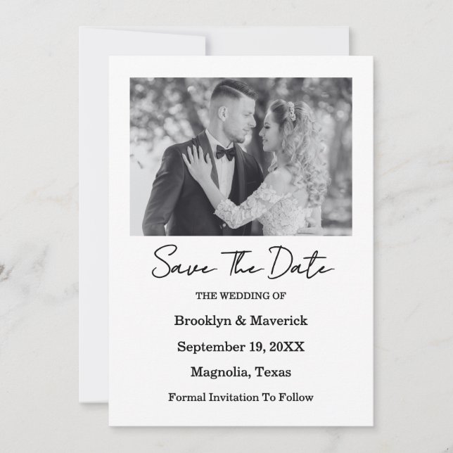 Cartão de Foto Save The Date Preto e Branco Elegan (Frente)