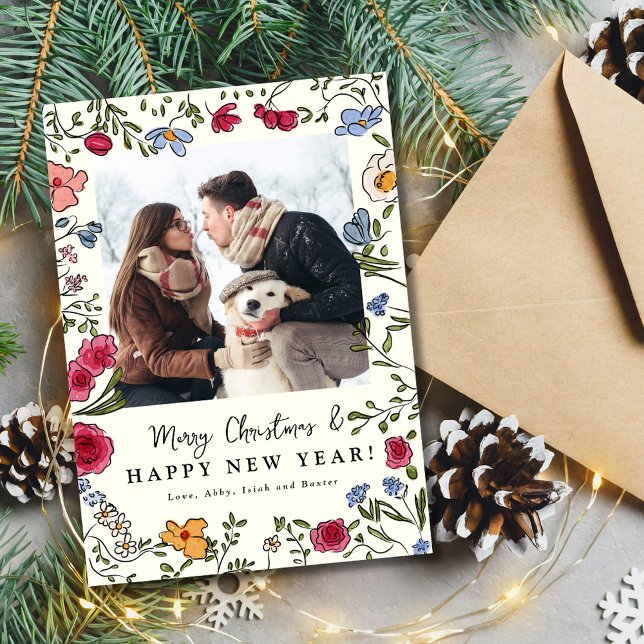 Cartão de Fotos de Férias Florais Desenhados à Mão (Whimsical Hand Drawn Floral Holiday Photo Card)