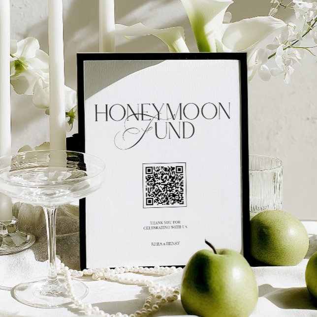 Cartão de Fundo de Lua de Mel Sofisticado Preto e  (Honeymoon Fund Elegant Black & White Wedding Sign)