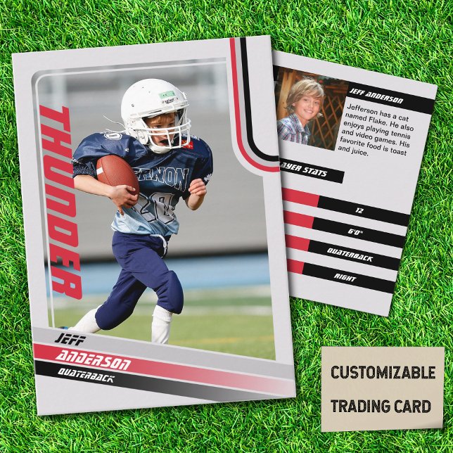 Cartão De Futebol Vermelho Americano Para Crianças (American Football Player Trading Card for Kids in Grey with Custom Team and Player Name Red)