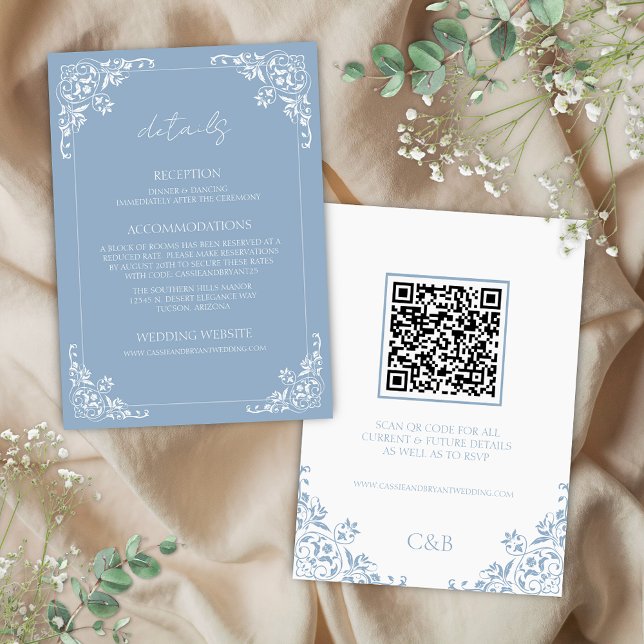 Cartão de Gabinete com Detalhes de Casamento do Có (Elegant blue and white french country coastal chic qr code wedding details enclosure cards romantic)