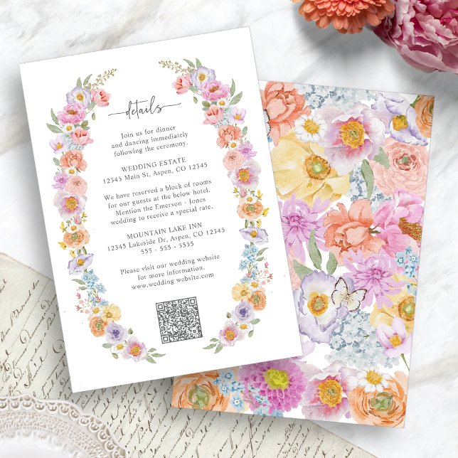 Cartão de gabinete de casamento colorido (Bold Colorful Floral Wedding Enclosure Card QR Code by Painted Paperie
)