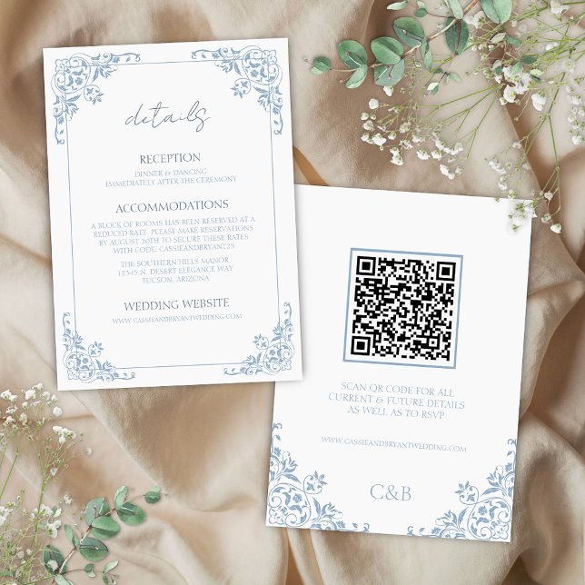 Cartão de Gabinete de Detalhes de Casamento do Cód (Elegant blue and white romantic qrcode wedding details enclosure cards for french coastal chic event)