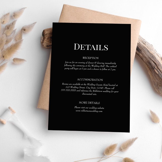 Cartão de Gabinete de Detalhes de Casamento do Mon (Black Monogram Wedding Details Enclosure Card on white table surrounded with neutral boho decor.)
