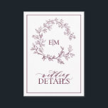 Cartão de Gabinete de Detalhes de Casamento do Mon<br><div class="desc">Estamos amando esta moda e moderna carta de detalhes! Simples, elegante e tão bonito, ele apresenta uma coroa desenhada à mão rodeando um monograma moderno de casamento. É personalizado em tipografia elegante, e acentuado com caligrafia manuscrita. Por último, é cortado numa moldura delicada e a parte de trás do cartão...</div>