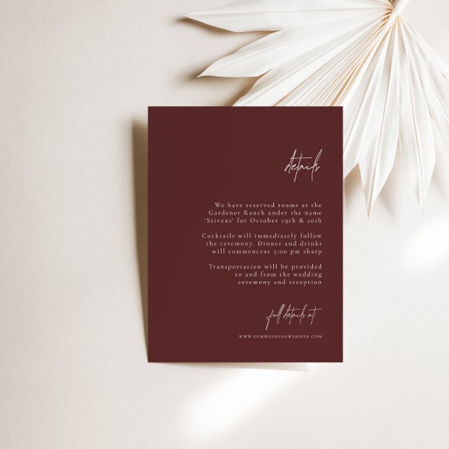 Cartão de Gabinete de Detalhes do Casamento Elegan (Burgundy Elegant Wedding Details Enclosure Card)