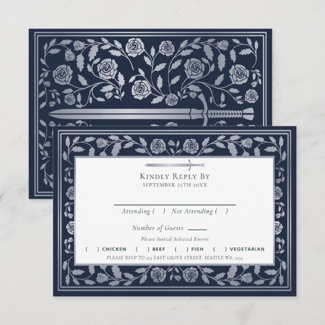 Cartão de Gabinete RSVP de Casamento de Espada Med (Frente/Verso)