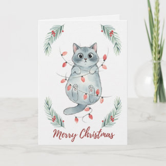Cartão de Gatinho de Natal Enroscado em Luzes