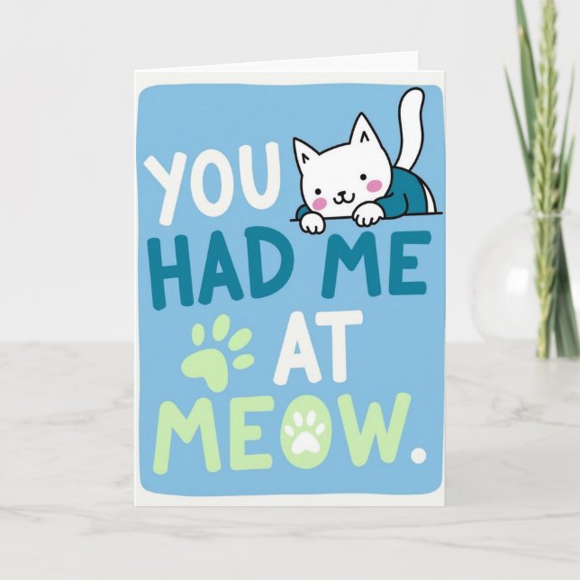 Cartão de Gato Azul Você Me Conquistou com Meow (Frente)