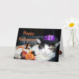 Cartão de Gato de Bruxa Feliz de Halloween