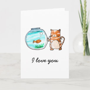 Cartão de gato e peixinho dourado apaixonados