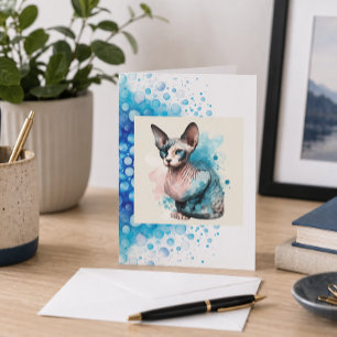 Cartão de Gato Esfinge Elegante Aquarela Azul Pet
