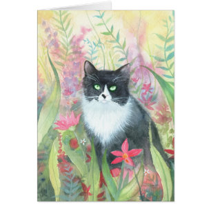 Cartão de Gato Tuxedo no Jardim