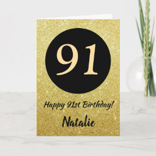 Cartão de Glitter Preto e Dourado de 91º Aniversár
