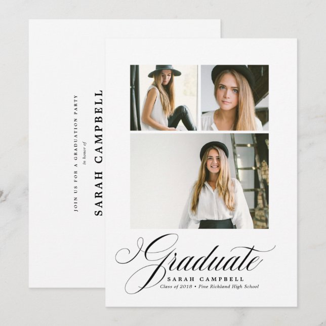 Cartão de Graduação de Colagem de Fotos PRETO / 3  (Frente/Verso)
