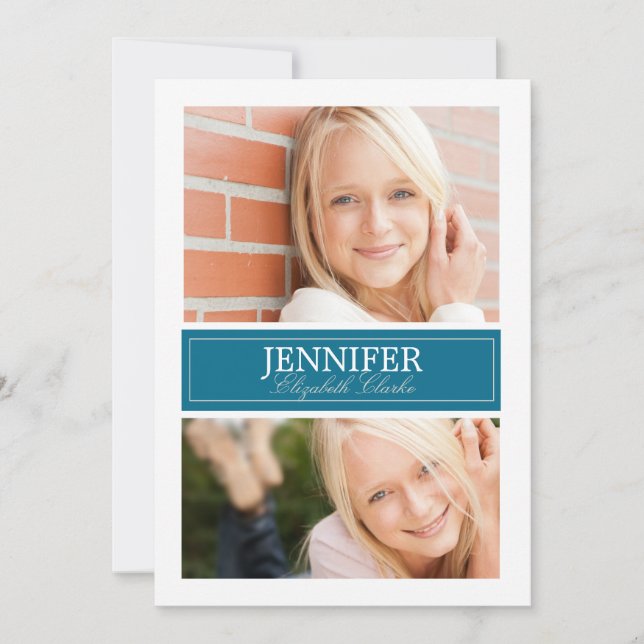 Cartão de Graduação de Fotos Azul e Branco (Frente)