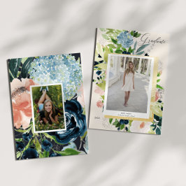 Cartão de Graduação Floral de Foto Azul-Blush