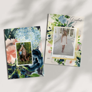 Cartão de Graduação Floral de Foto Azul-Blush