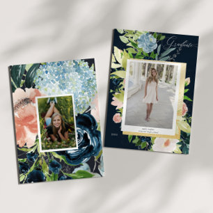 Cartão de Graduação Floral de Foto Azul-Blush