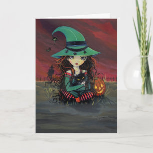 Cartão de Halloween Bruxa Fofa e Gato Preto