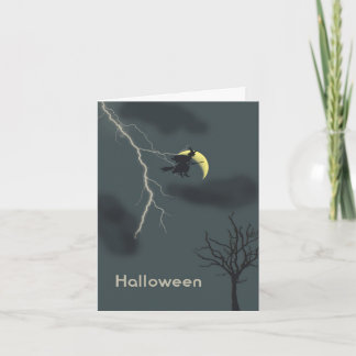 Cartão de Halloween com bruxa, relâmpago e lua