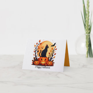 Cartão de Halloween com Gato Preto em Abóbora