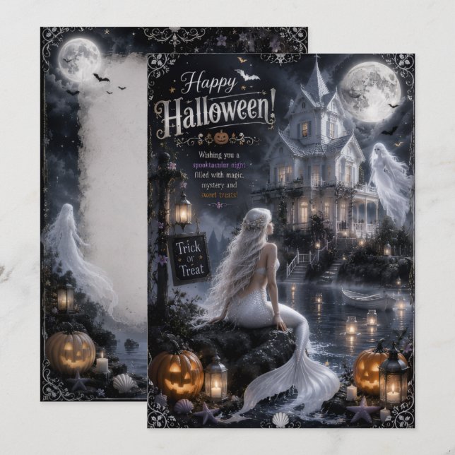 cartão de halloween da lua da sereia frente verso (Frente/Verso)