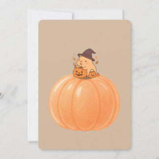 Cartão de Halloween de Abóbora com Capivara Fofa