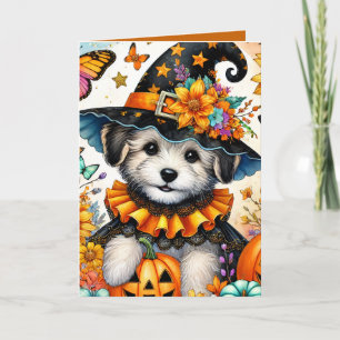 Cartão de Halloween de Bruxa com Cachorrinho Maltê