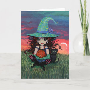 Cartão de Halloween de Bruxa e Gato