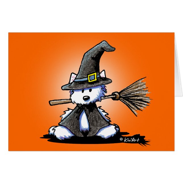 Cartão de Halloween de Bruxa KiniArt Westie (Frente horizontal)