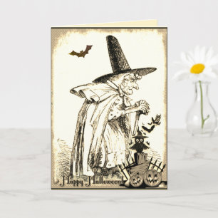 Cartão de Halloween de bruxa preto e branco vintag