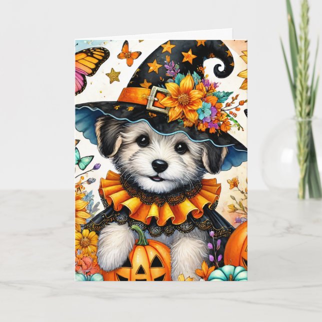 Cartão de Halloween de Cachorrinho Maltês de Bruxa (Frente)