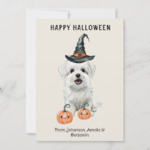 Cartão de Halloween de Cachorro Branco Fofo | Chap
