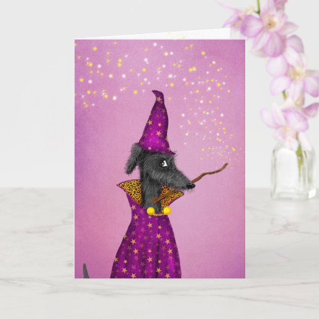 Cartão de Halloween de cão feiticeiro preto (Orquídea)