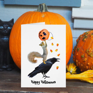 Cartão de Halloween de Esquilo e Raven