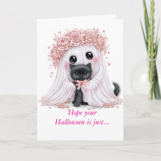 Cartão de Halloween de Fantasma e Gatinho Adorável