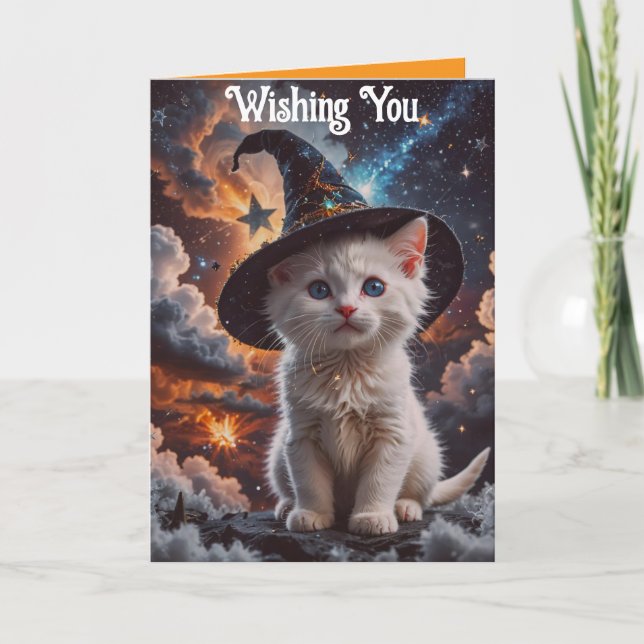 Cartão de Halloween de Gatinho em um Chapéu de Bru (Frente)