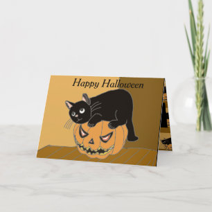 Cartão de Halloween de Gato e Abóbora