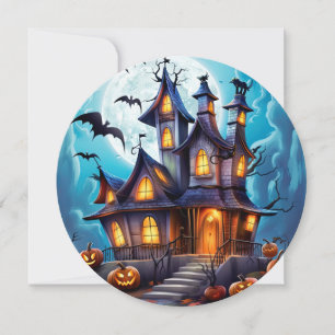 Cartão de Halloween de Pumpkins Hunted House Bats