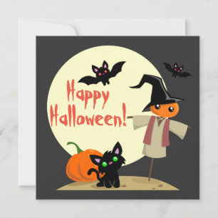 Cartão de Halloween do Espantalho Fofo & Gatinho