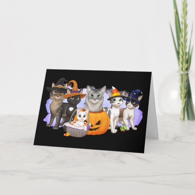 Cartão de Halloween dos Gatos e Tripulação 5" x 7" (Frente)