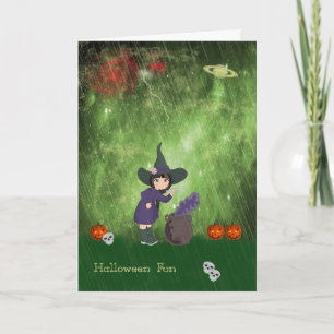 Cartão de Halloween infantil com bruxa e poção